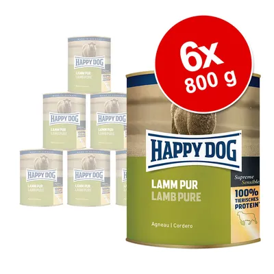 Happy Dog Lamm Pur Lamb Pure, 6x800 g. Na limenci piše: Supreme Sensible, 100% tierisches Protein, Agneau Cordero.