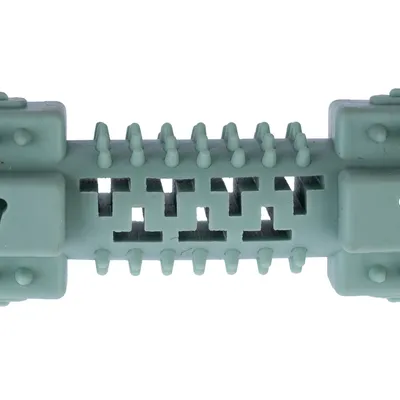 Green dog toy made of rubber with nubs and indentations for dental care.