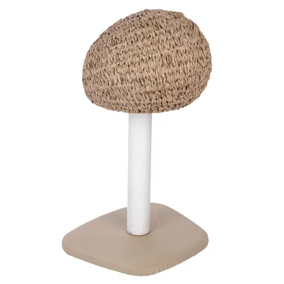 Arbre à chat en forme de champignon avec base carrée beige, tronc recouvert de corde blanche et sommet en tressage naturel marron. Aucun texte ou marque visible.