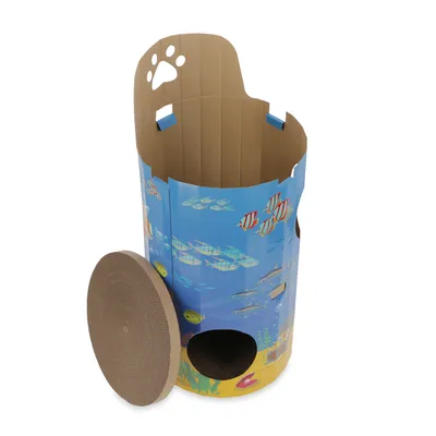 Cardboard scratching barrel with underwater design, round opening and corrugated cardboard scratching surface. Visible fish motifs and paw-shaped cut-out on top.