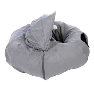 Grey, round pet bed with removable cover and integrated toy ball. Suitable for cosy retreats.