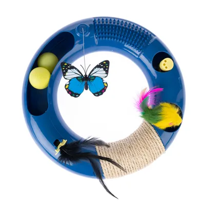 Round cat toy made of blue plastic with yellow balls, butterfly pendant, colourful feathers and sisal rope. Includes scratching surface and interactive elements.