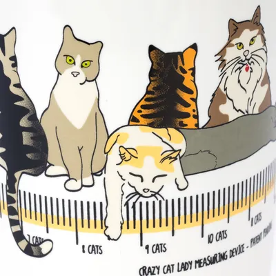 Illustration de chats avec une échelle graduée numérotée de 7 à 10, texte visible : 'CRAZY CAT LADY MEASURING DEVICE - PATENT PENDING', mentions en anglais sous chaque chat.