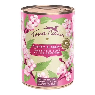 Boîte Terra Canis Cherry Blossom, texte visible : Huhn mit Reis, Sesam & feinem Kirschpüree, 100 % Human-Grade Quality, Cherry Blossom Chicken with rice, sesame seeds & fine cherry purée.