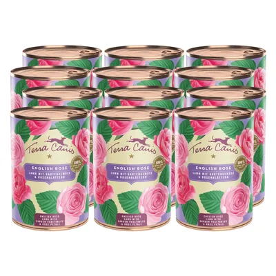 Lot de 12 boîtes Terra Canis English Rose, texte visible : Lamm mit Gartengemüse & Rosenblättern, English Rose Lamb with Garden Vegetables & Rose Petals, 100 % natural ingredients.