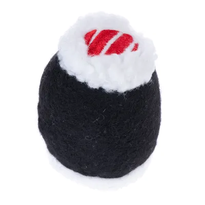 Igrača v sushi dizajnu s črnim filcem, belim plišem in rdečim črtastim vzorcem.