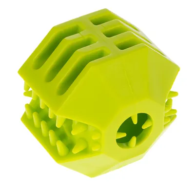 Palla da gioco verde in plastica con nodi e aperture, adatta per il gioco interattivo.