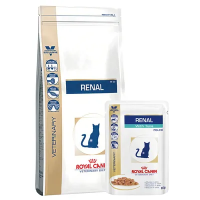 Royal Canin Veterinary Diet Renal kattmat, en stor påse och en portionspåse med texten 'Renal With Tuna Feline', synlig blå kattikon och produktinformation på förpackningarna.