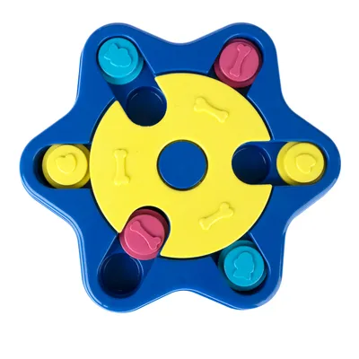 Giocattolo interattivo a forma di stella in plastica, blu e giallo, con scomparti colorati e simboli come ossa e cuori.