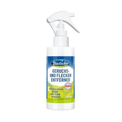 Bactador Geruchs- und Flecken Entferner, microbiological odour and stain remover, 150 ml sprayflacon. Tekst op het etiket in Duits en Engels.