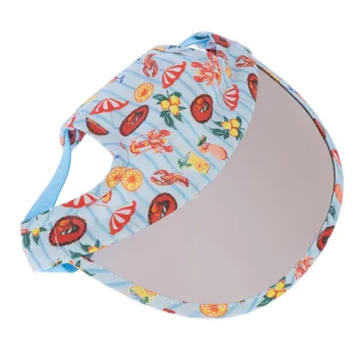 Jasnoniebieska osłona przeciwsłoneczna z kolorowym wzorem owoców, kwiatów i motywów morskich. Regulowany pasek dla pewnego dopasowania.