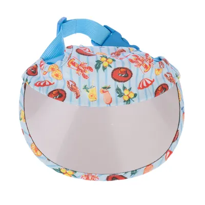 Niebieska osłona przeciwsłoneczna z kolorowym letnim wzorem owoców, koktajli i motywów plażowych. Regulowany pasek z plastikowym zapięciem.