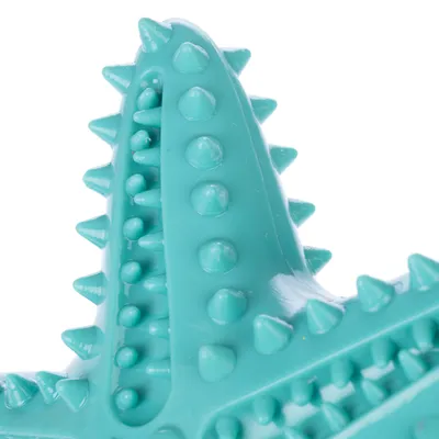 Detailný záber na tyrkysovú hračku s výstupkami a ostrými hrbolčekmi, vhodnú na čistenie zubov alebo žuvanie.