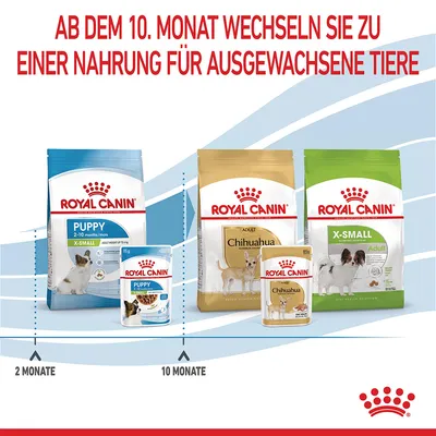 Royal Canin Fütterungsempfehlung: Puppy-Nahrung für Hunde von 2-10 Monaten, ab dem 10. Monat Wechsel zu Adult-Nahrung für ausgewachsene Tiere.