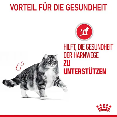Vorteil für die Gesundheit: Hilft, die Gesundheit der Harnwege zu unterstützen. Bild einer Katze und Royal Canin Logo.