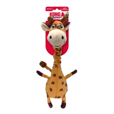 KONG Shakers plush toy in giraffe shape with squeaker. Packaging shows red background and product name.