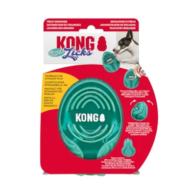 KONG Rewards Licks treat dispenser, wobbles for dynamic play. Packaging shows product details and usage instructions.