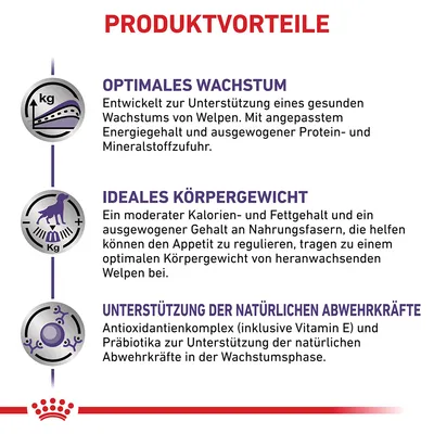 Produktvorteile: Optimales Wachstum, ideales Körpergewicht und Unterstützung der natürlichen Abwehrkräfte für Welpen. Details zu Energiegehalt, Nährstoffen und Antioxidantienkomplex.