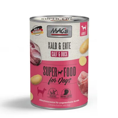 MAC's Kalb & Ente Superfood pre psy, vyrobené v Nemecku, bez obilnín, vysoký podiel mäsa, kompletné krmivo pre dospelých psov.