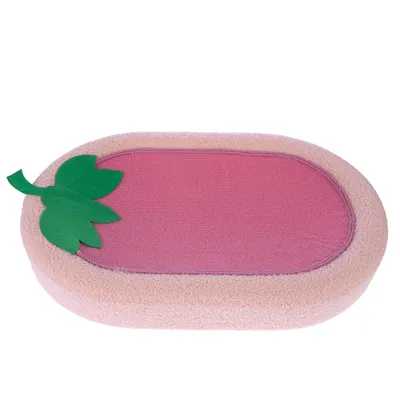 Ružičasti ovalni krevet za kućne ljubimce s mekanom površinom i zelenim ukrasom lista u kutu.