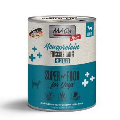 MAC's Mono cordeiro fresco, Made in Germany, superalimento para cães, alimento completo para cães adultos, sem cereais, adequado para alérgicos, elevado teor de carne.