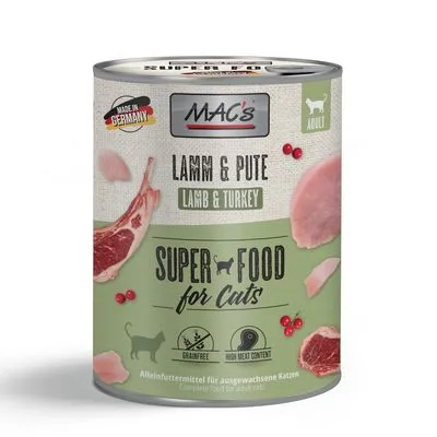 MAC's Lamm & Pute kattenvoer, Super Food for Cats, Adult, graanvrij, hoog vleesgehalte, Made in Germany, afbeelding van lams- en kalkoenvlees op het blik.