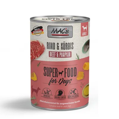MAC's Rind & Kürbis Super Food pre psy. Vyrobené v Nemecku, bez obilnín, vysoký podiel mäsa, zelenoústá mušľa. Kompletné krmivo pre dospelé psy.