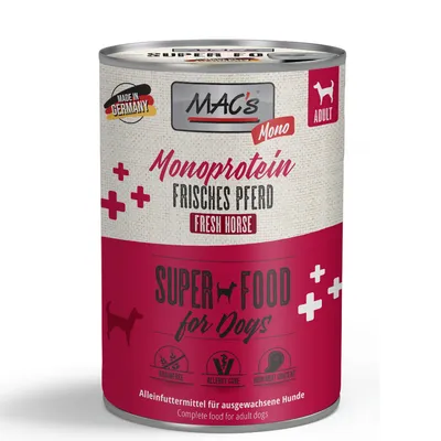 MAC's Mono Super Food pentru câini, monoproteină carne proaspătă de cal, produs în Germania, fără cereale, pentru alergii, conținut ridicat de carne. Hrană completă pentru câini adulți.