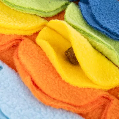 Zbliżenie na kolorową matę węchową z filcu z ukrytym przysmakiem w żółtej warstwie materiału.