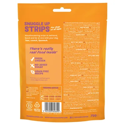Edgard & Cooper Snuggle Up Strips voor honden, met tekst: fresh chicken, no added sugar, grain free recipe. Voedingsadvies per hondengewicht zichtbaar. Inhoud 75 g.