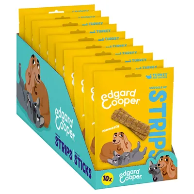 Edgard Cooper Strips Snuggle Up Turkey and Chicken, verpakking met 10 zakjes. Gele verpakking met afbeelding van hond en kat, zichtbare strips op de voorkant.