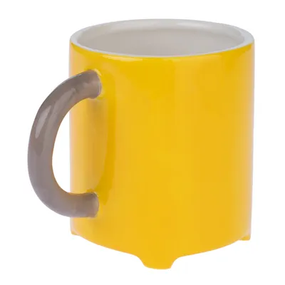Gamelle en céramique jaune avec anse grise, intérieur blanc, forme cylindrique.
