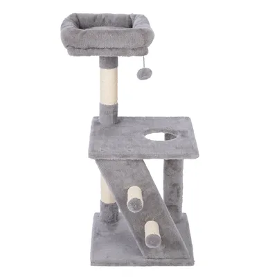 Grey scratching post with two levels, a top lying surface, a play ball and sisal posts. Ideal for cats to climb and scratch.