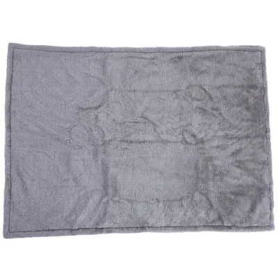 Grey rectangular blanket with a soft, fluffy surface.