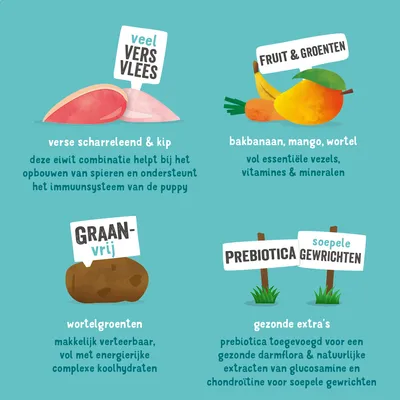 Veel vers vlees, fruit & groenten, graanvrij, prebiotica en soepele gewrichten; verse scharrelend & kip, bakbanaan, mango, wortel, wortelgroenten, gezonde extra's. Zie afbeelding voor details.