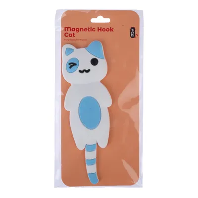 Tiaki Magnetic Hook Cat, magnetischer Haken in Katzenform mit blau-weissen Details auf orangefarbener Verpackung.