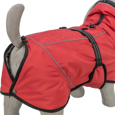 Rote Hundejacke mit reflektierenden Streifen, verstellbarem Bauchgurt und Druckknopfverschluss, präsentiert auf einem Stoffmodell.