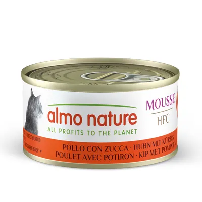 almo nature Mousse HFC, ALL PROFITS TO THE PLANET, POLLO CON ZUCCA, HUHN MIT KÜRBIS, POULET AVEC POTIRON, KIP MET POMPOEN on tin with cat image