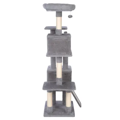 Árbol rascador gris con varios niveles, postes de sisal y superficie acolchada en la parte superior. Incluye juguete colgante.