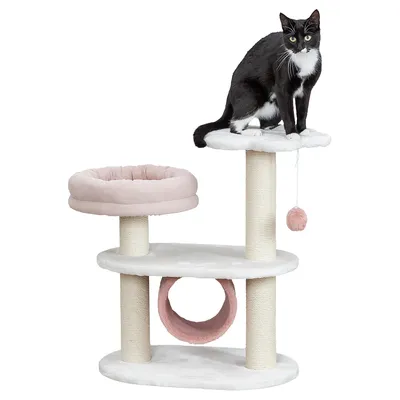 Kratzbaum mit drei Ebenen, rosa und weiss, inklusive Höhle, Liegefläche, Spielzeugball. Schwarze Katze sitzt auf oberer Plattform.