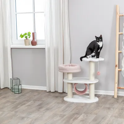 Kratzbaum mit drei Ebenen, rosa und weiss, inklusive Spielzeugball. Schwarze Katze sitzt auf der obersten Plattform.