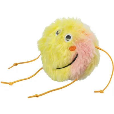 Yellow, fluffy toy with pink accent, embroidered face and four orange cords.