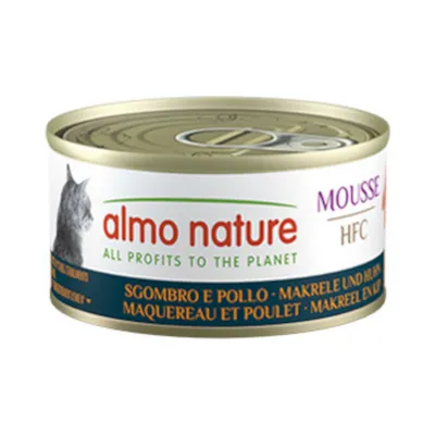 Almo Nature Mousse HFC, makreel en kip, blik met opschrift 'All profits to the planet'.