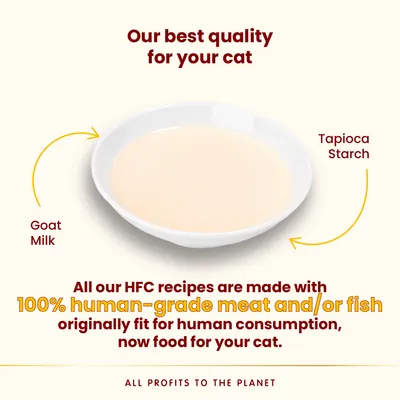 Miska s kozím mliekom a tapiokovým škrobom. Text: All our HFC recipes are made with 100% human-grade meat and/or fish originally fit for human consumption, now food for your cat.