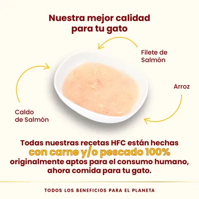 Nuestra mejor calidad para tu gato. Caldo de salmón, filete de salmón y arroz. Todas nuestras recetas HFC están hechas con carne y/o pescado 100% aptos para el consumo humano.