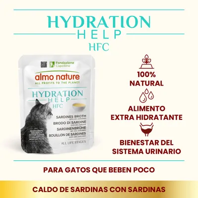 almo nature Hydration Help HFC caldo de sardinas con sardinas, 100% natural, alimento extra hidratante, bienestar del sistema urinario, para gatos que beben poco