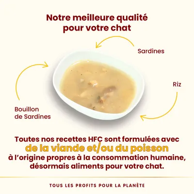Bouillon de sardines, sardines et riz dans une assiette. Texte : Toutes nos recettes HFC sont formulées avec de la viande et/ou du poisson propres à la consommation humaine, désormais aliments pour chat.
