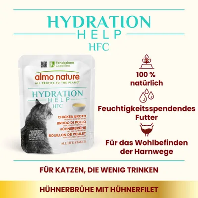almo nature Hydration Help HFC, Hühnerbrühe mit 25% Hühnerfilet. Feuchtigkeitsspendendes Futter für Katzen, die wenig trinken. 100% natürlich, unterstützt das Wohlbefinden der Harnwege.