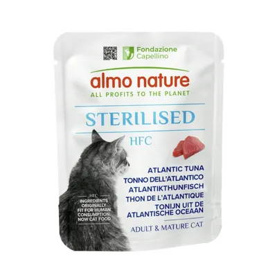 Almo Nature Sterilised HFC kattenvoer met Atlantische tonijn. Ingrediënten oorspronkelijk geschikt voor menselijke consumptie, nu kattenvoer. Voor volwassen en oudere katten.