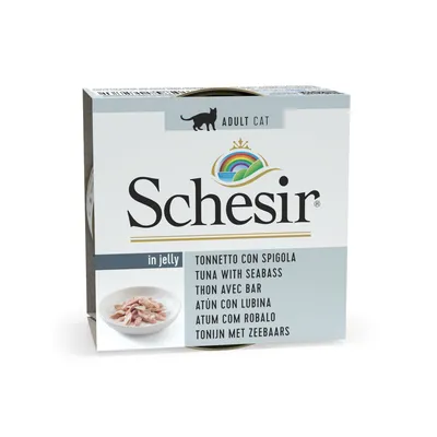 Schesir Adult Cat in Jelly, Thunfisch mit Seebarsch. Verpackung zeigt Produktnamen und Bild von Fischstücken in Gelee.